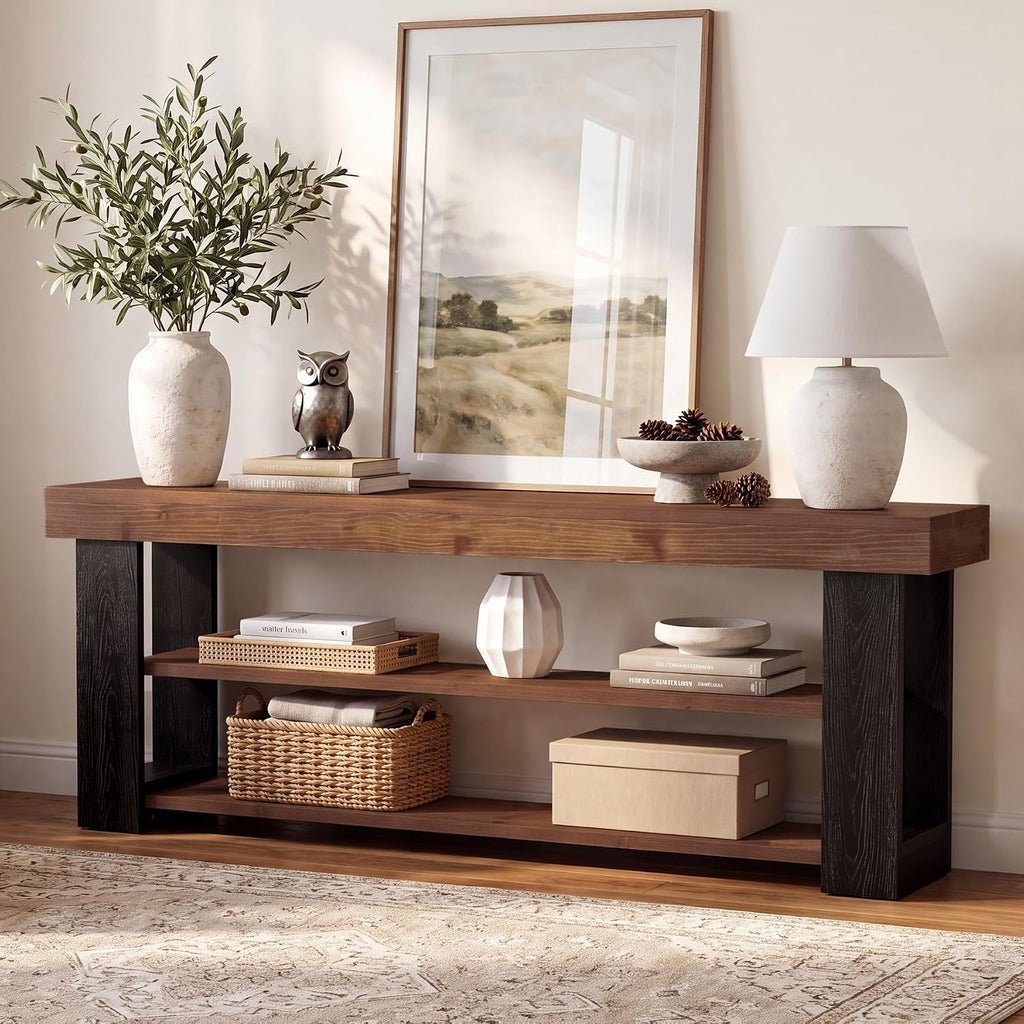 63" Solid Wood Console Table with 3-Tier Storage Shelves