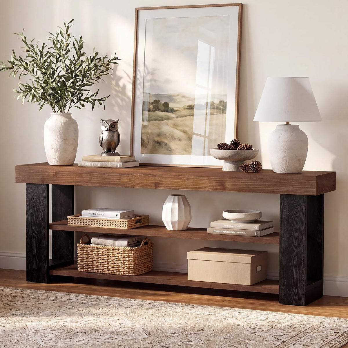 63" Solid Wood Console Table with 3-Tier Storage Shelves