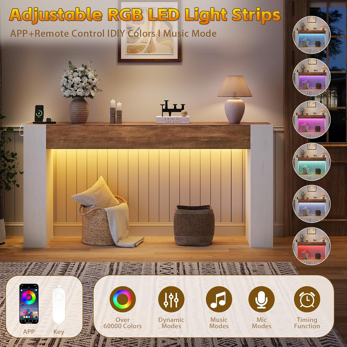 63-Inch Farmhouse Console Sofa Table with Power Outlets & LED Lights