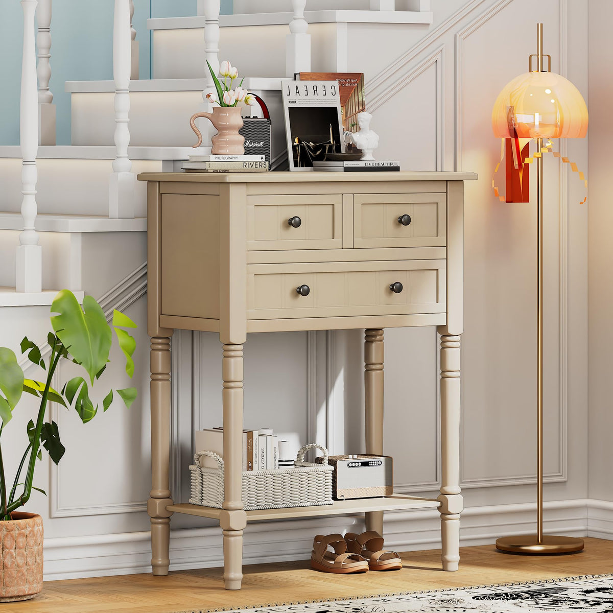 Knocbel Slim Antique Entry Console Table with 3 Drawers & Bottom Open Shelf, Solid Wood Narrow Sofa Couch Table for Entryway Hallway Living Room 23.7" W x 13" D x 31.4" H Natural