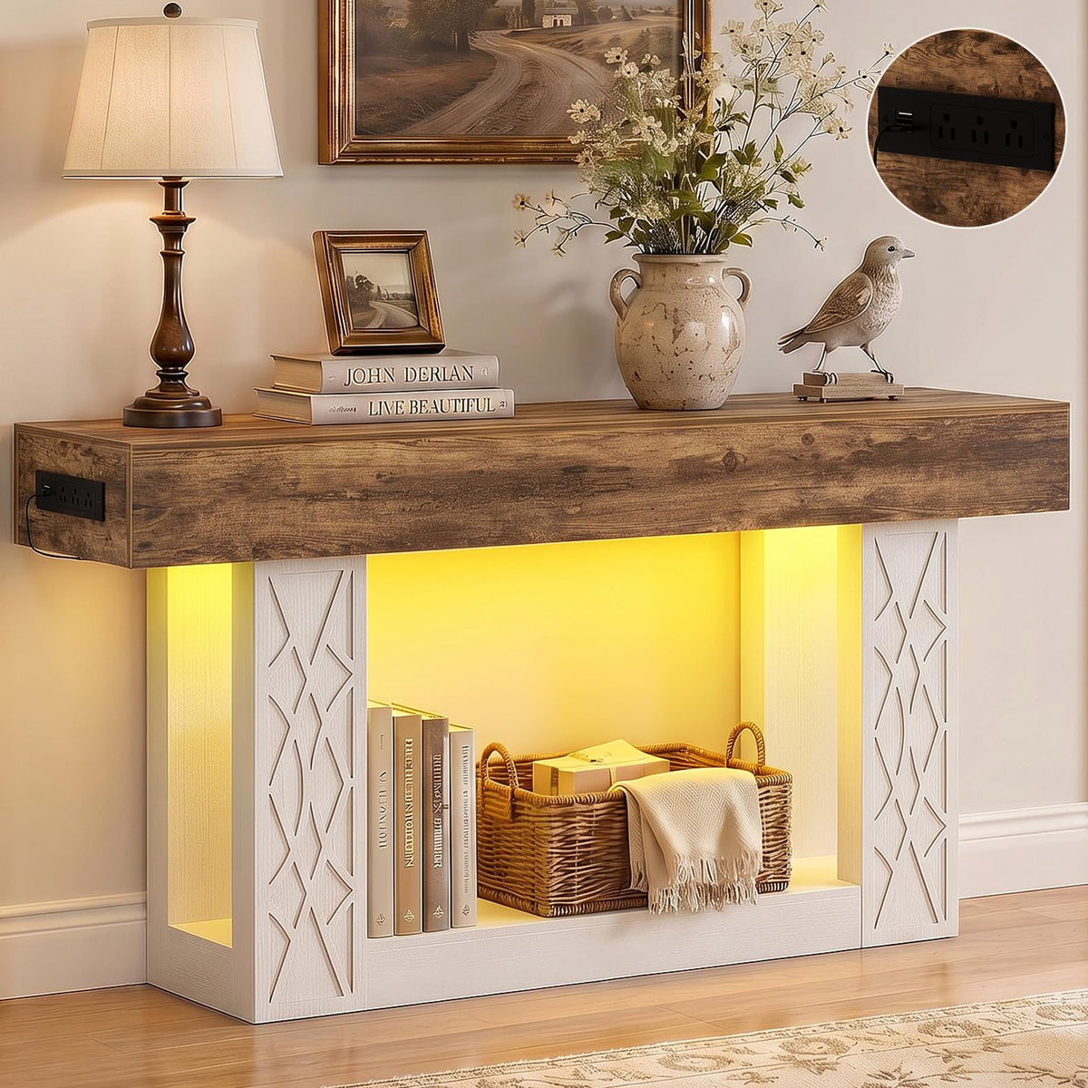Unikito 47" Console Sofa Table with Power Outlet & LED Light, Grey & Brown