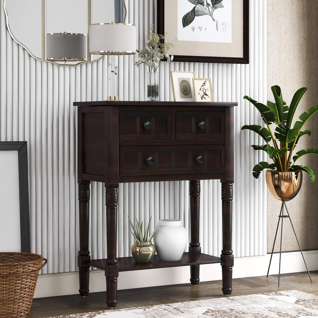 Knocbel Slim Antique Entry Console Table with 3 Drawers & Bottom Open Shelf, Solid Wood Narrow Sofa Couch Table for Entryway Hallway Living Room 23.7" W x 13" D x 31.4" H Natural