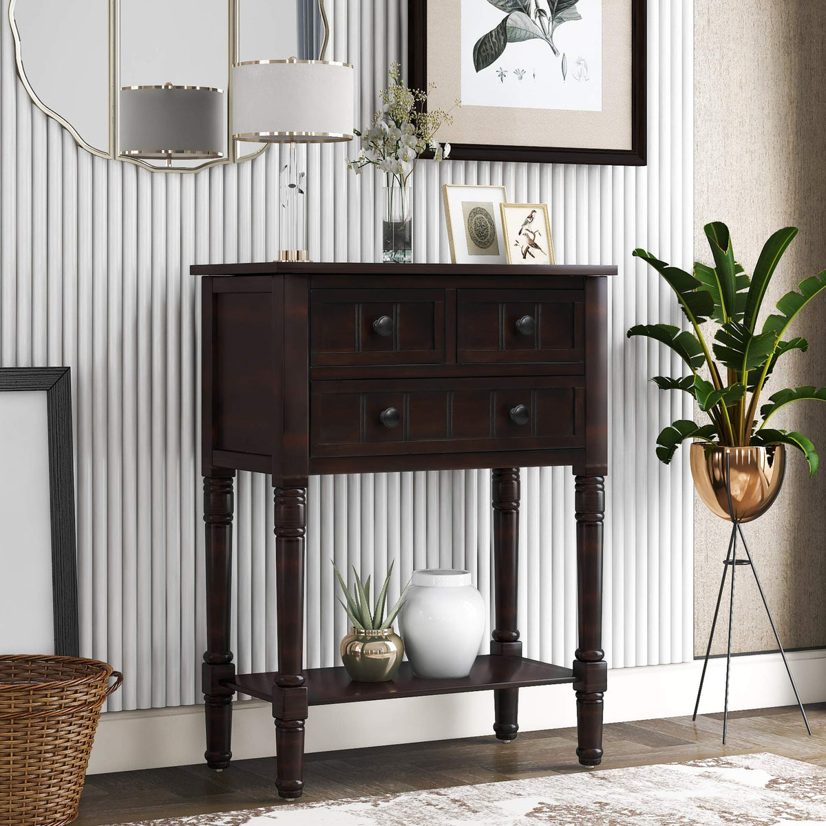 Knocbel Slim Antique Entry Console Table with 3 Drawers & Bottom Open Shelf, Solid Wood Narrow Sofa Couch Table for Entryway Hallway Living Room 23.7" W x 13" D x 31.4" H Natural