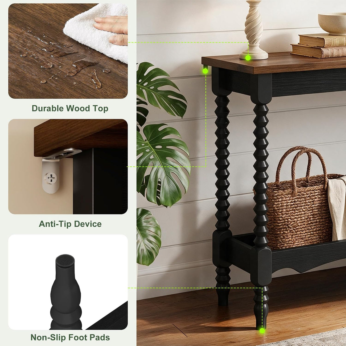 YOSHOOT 2-Tier Console Table, Entryway Table with 2 Shelves, Sofa Table for Living Room, Hallway,Black Brown