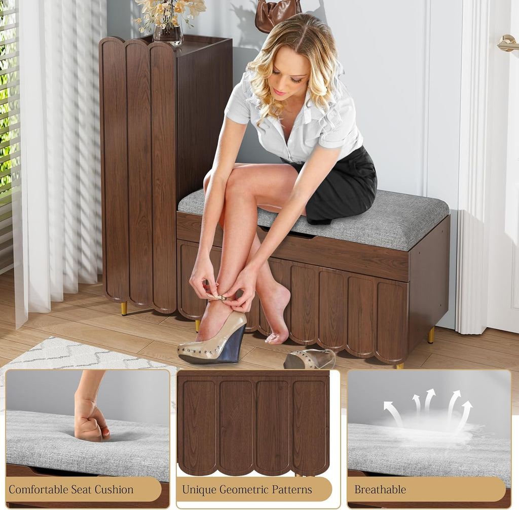 3More L-Shaped Entryway Shoe Bench with Cushioned Seat, Brown