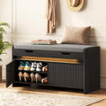 HOMEFORT Shoe Storage Bench, Modern Entryway Bench with Fluted Doors & Built-in LED Sensor Light, Wooden Shoe Bench with Cushion for Hallway and Bedroom, Walnut