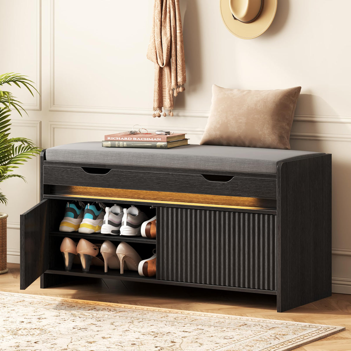 HOMEFORT Shoe Storage Bench, Modern Entryway Bench with Fluted Doors & Built-in LED Sensor Light, Wooden Shoe Bench with Cushion for Hallway and Bedroom, Walnut