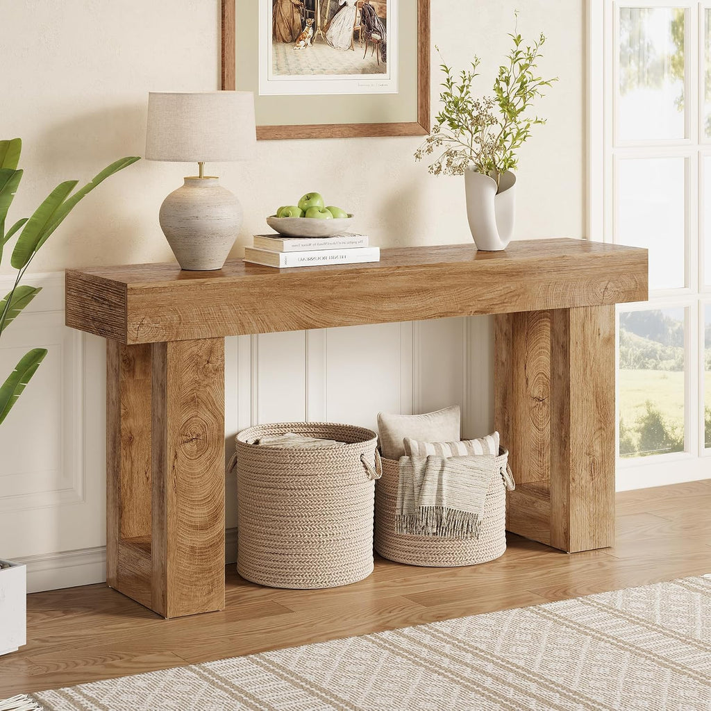 LITTLE TREE 63 Inches Long Sofa Table, Farmhouse Console Table for Entryway, Wooden Sofa Table for Living Room, Behind Couch Table, Rectangle Hallway Foyer Table for Entrance, Oak