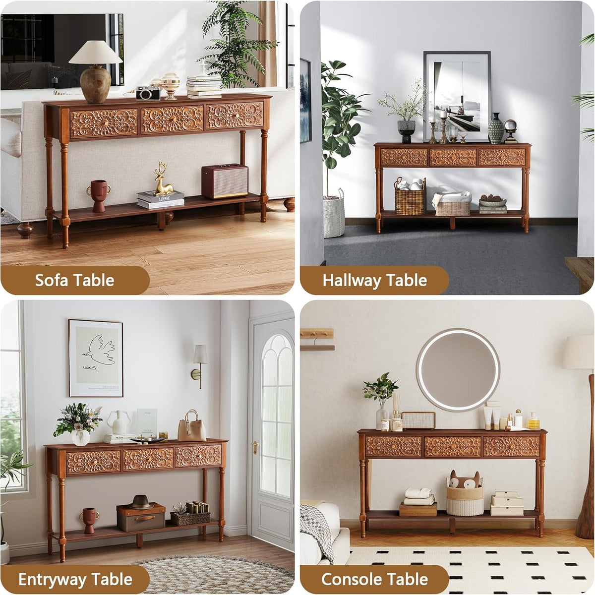 weselon 55.5" Carved Console Table with 3 Drawers, 2-Tier Sofa Table with Glossy Floral Surface and Solid Wood Legs, Mid-Century Modern Entryway Table for Living Room Hallway (Walnut)