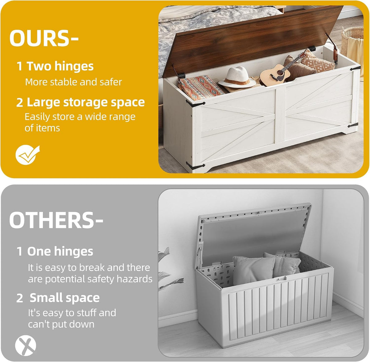 DWVO 47.2" Storage Bench, 2 Safety Hinges, Living Room, White and Walnut