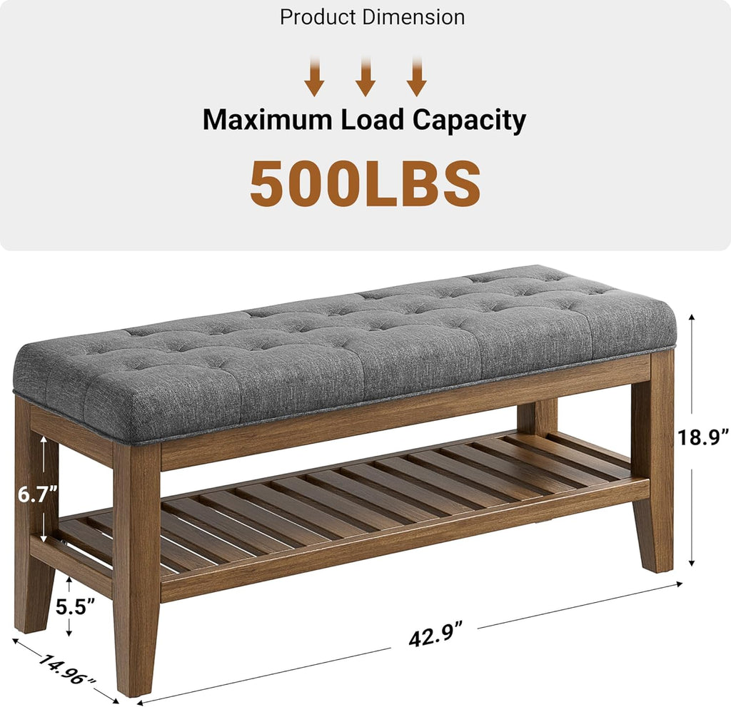 YaFiti End of Bed Storage Bench, 42.9" Entryway Shoe Bench with Solid Wood Shelf, Upholstered Ottoman with Padded Seat for Bedroom, Hallway and Lining Room, Dark Gray