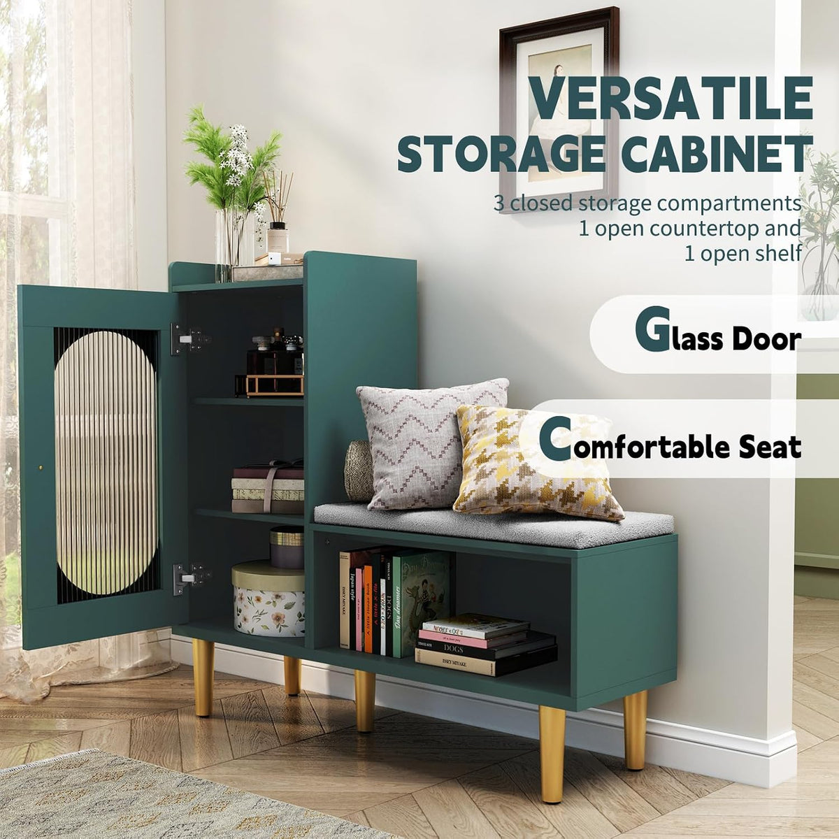 HLR Shoe Storage Bench with Glass Door&Shelf, L-Shaped Shoe Cabinet, Green