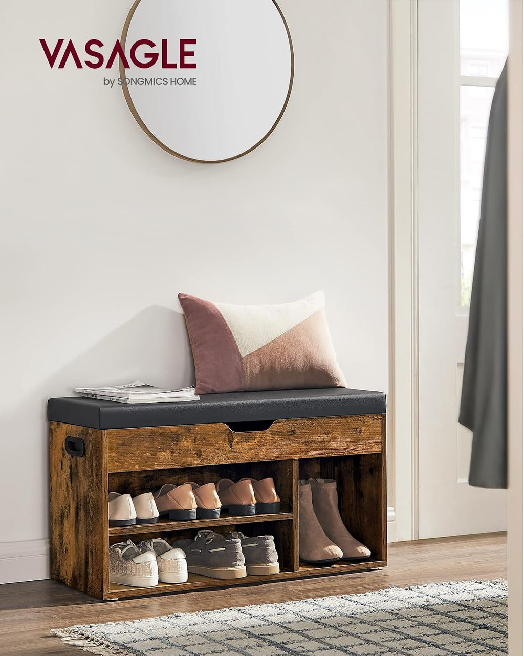 VASAGLE Storage Bench with Cushion, Shoe Bench,11.8 x 31.5 x 17.3 Inches
