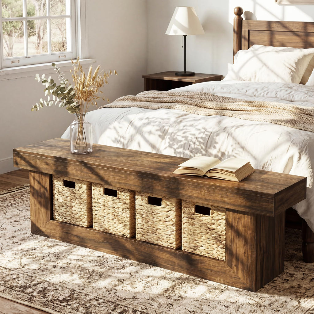 LITTLE TREE End of Bed Bench with Storage, 63" Thickened Wooden Shoe Bench, Farmhouse Indoor Bench Seat for Bedroom, Entryway, Hallway, Living Room, Rustic Black