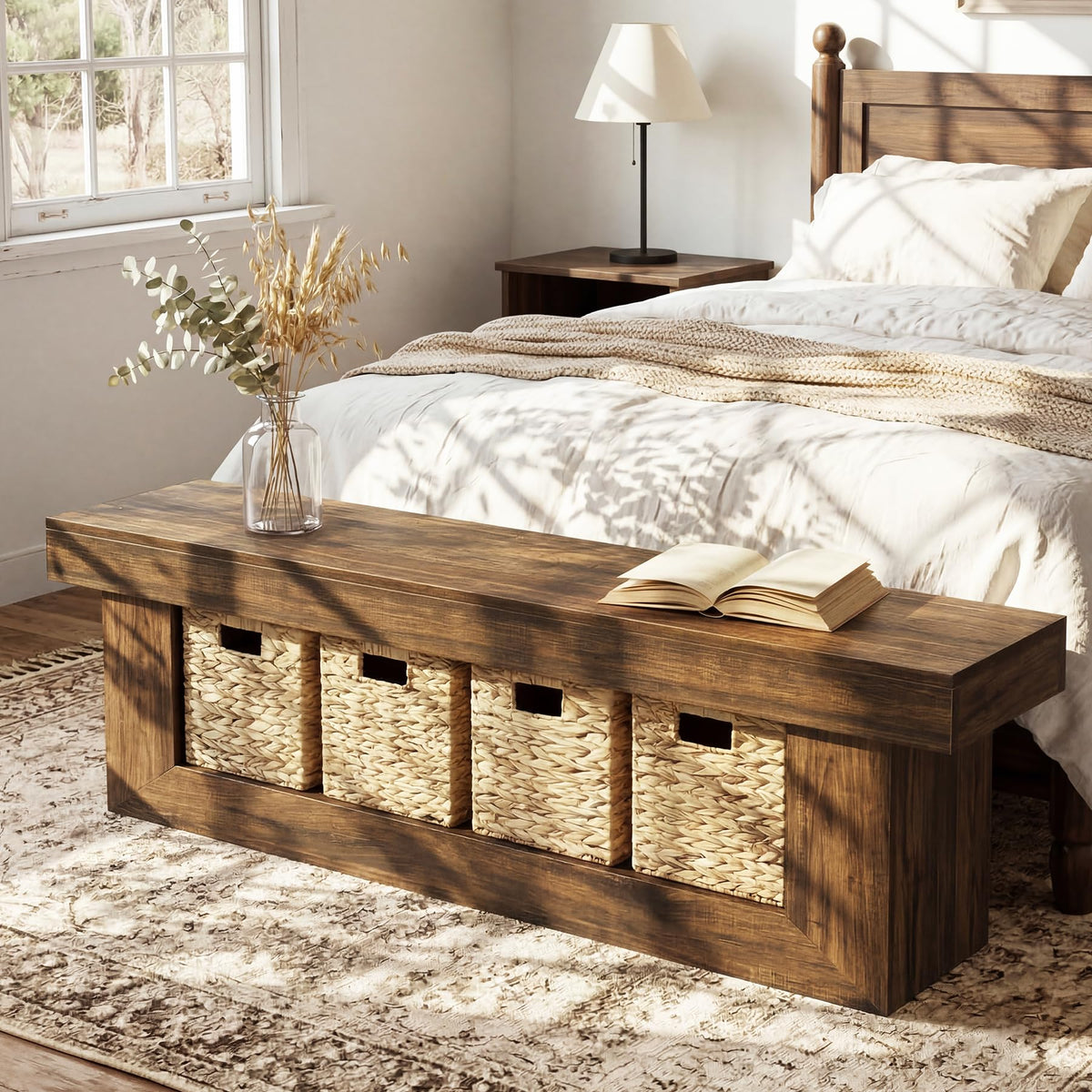 LITTLE TREE End of Bed Bench with Storage, 63" Thickened Wooden Shoe Bench, Farmhouse Indoor Bench Seat for Bedroom, Entryway, Hallway, Living Room, Rustic Black