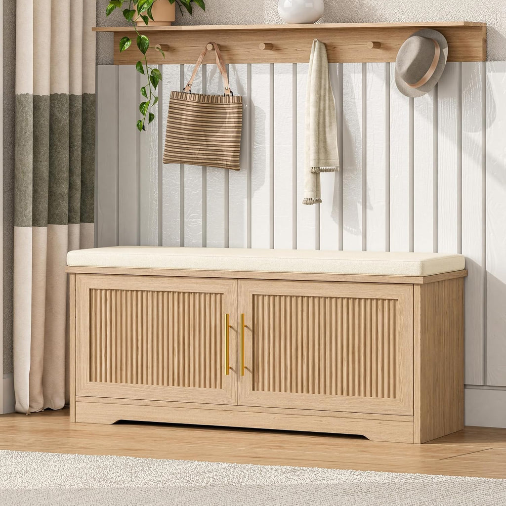 Keehusux 39.4" Fluted Shoe Storage Bench with Seat Cushion, Natural Oak