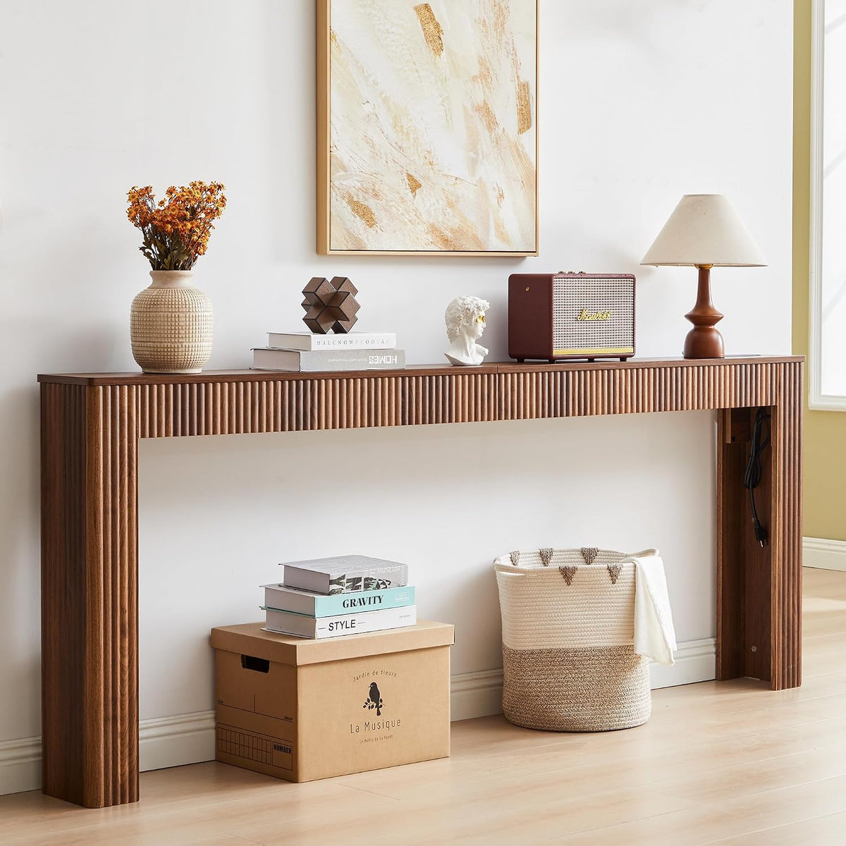 79" Long Narrow Sofa Table Behind Couch with Charging Station,Walnut
