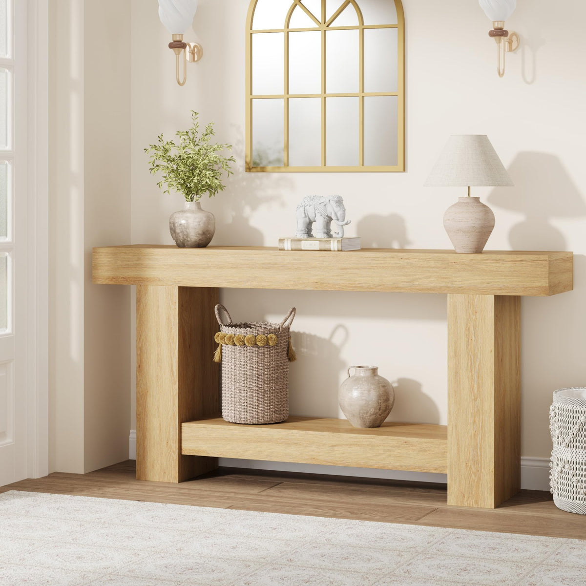 Garvee 47" Farmhouse 2-Tier Console Table for Entryway, Black
