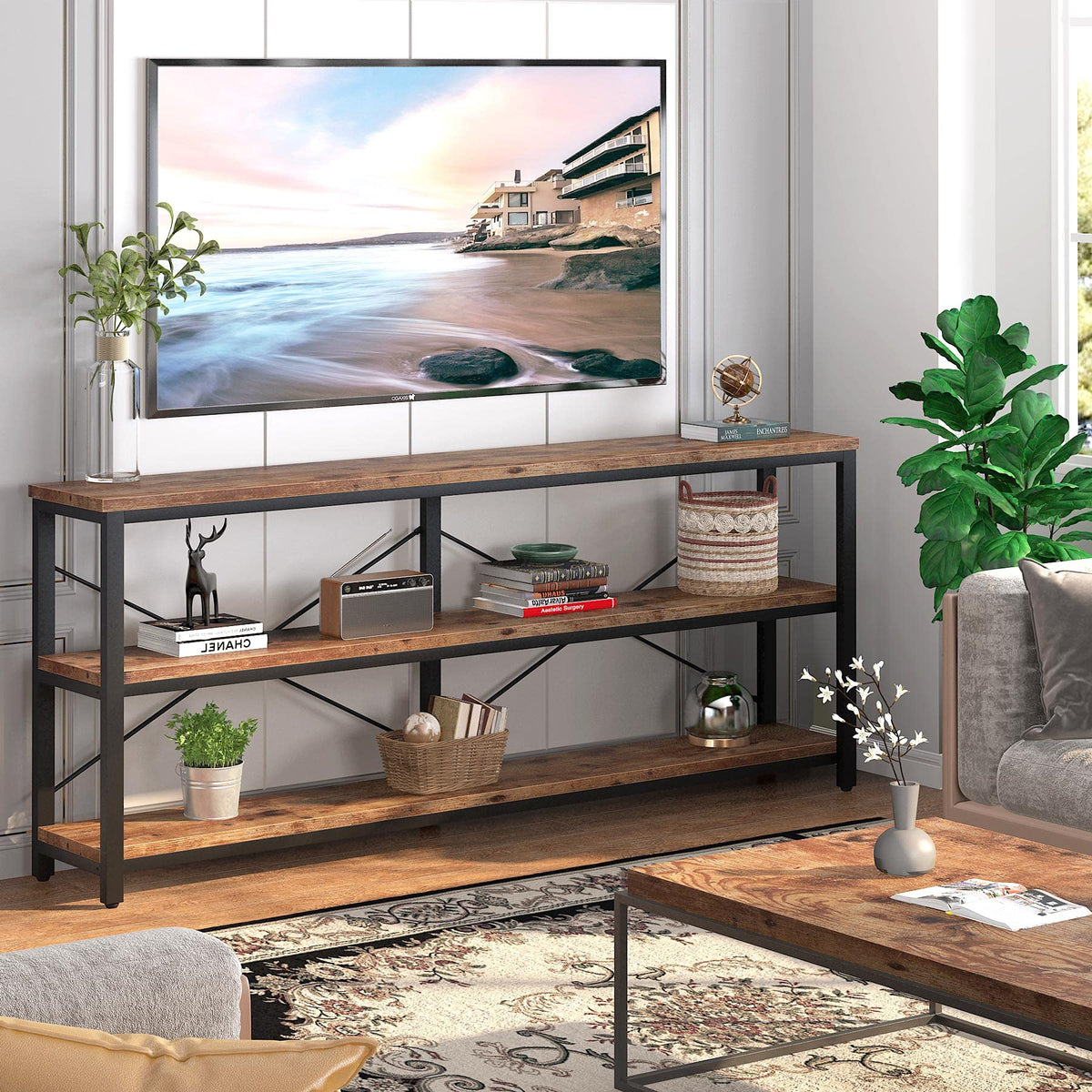 Sofa Table, 3 Tiers TV Stand 70.8 Inches Console Table Extra Long with Storage Shelves for Living Room, Entryway