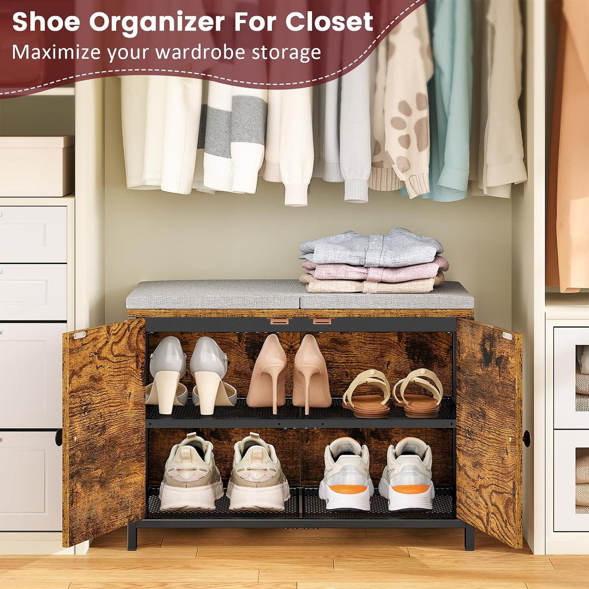 ThreeHio Shoe Storage Bench with Cushion & Doors, Small Entryway Bench with 2-Tier Shoe Organizer Cabinet, Farmhouse Storage Bench for Entryway, Closet, Living Room, Under Bed, Bedroom, Rustic Brown