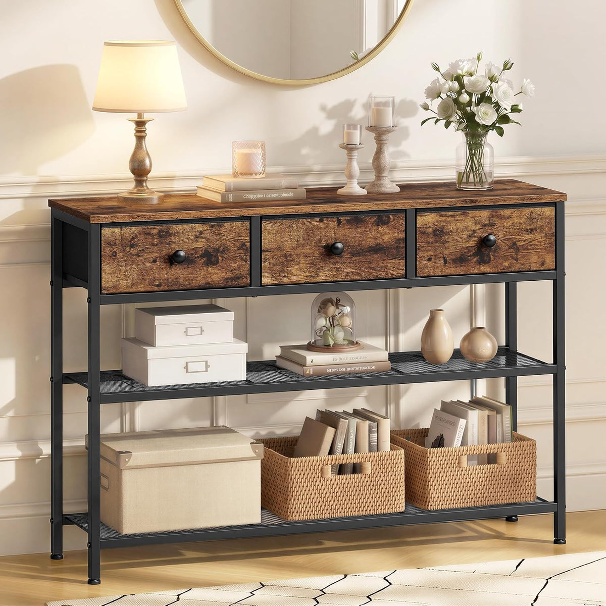 SONGMICS Console Table with 3 Fabric Drawers, Narrow Entryway Furniture