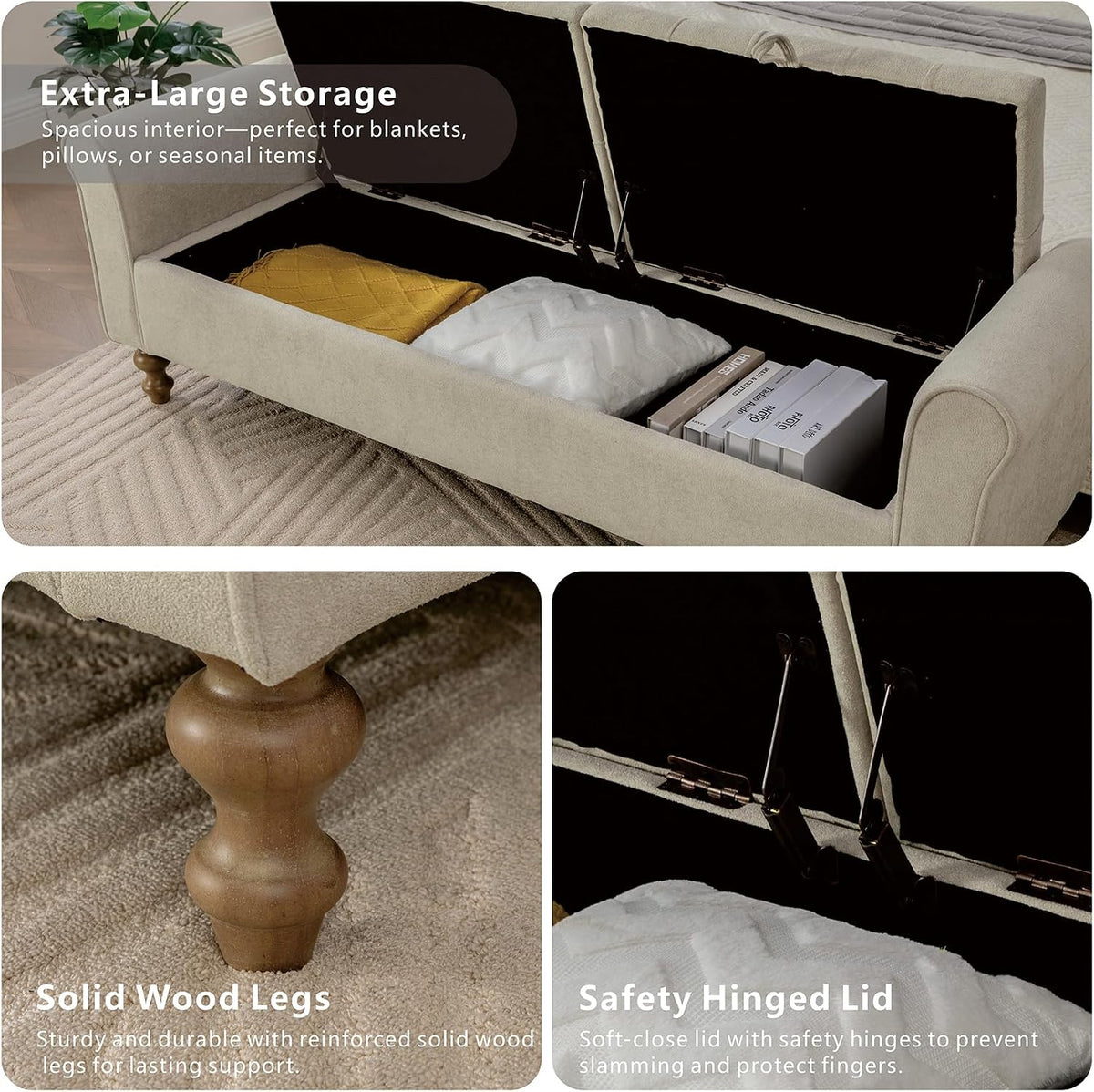 Storage Bench for Bedroom, 65.2'' Tufted End of Bed King Size Upholstered Extra-Long Bench with Dual Flip-Top Lids for Entryway, Hallway, Cloakroom, Window, Griege.