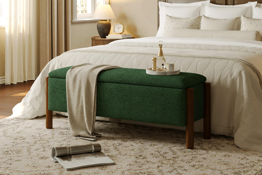 Modern Storage Benches with Walnut Wood Legs, 47'' Ottoman Bench with 20 Gallons Storage Space for Bedroom End of Bed, Fabric Upholstered Entryway Bench with Seating for Livingroom, Beige