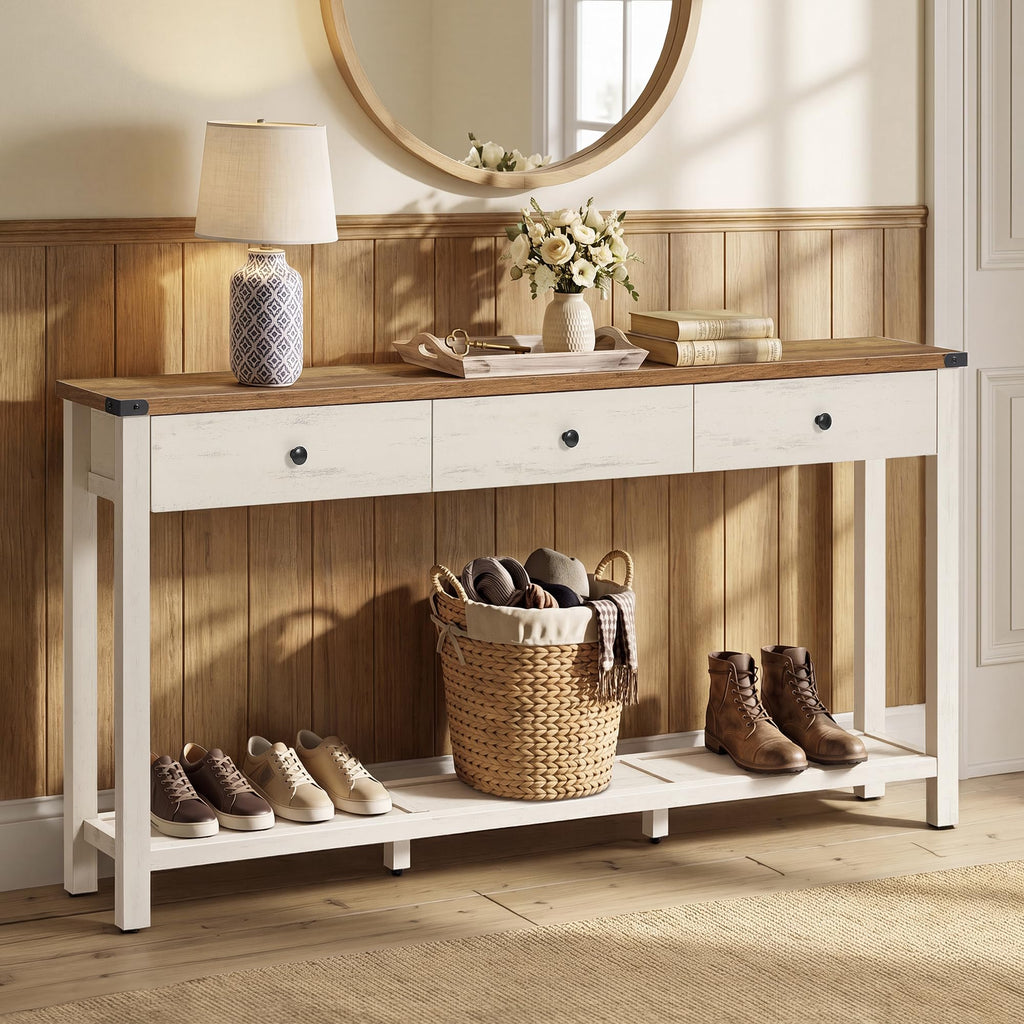 VASAGLE 47.2" Narrow Console Table with 3 Drawers and Open Storage Shelf