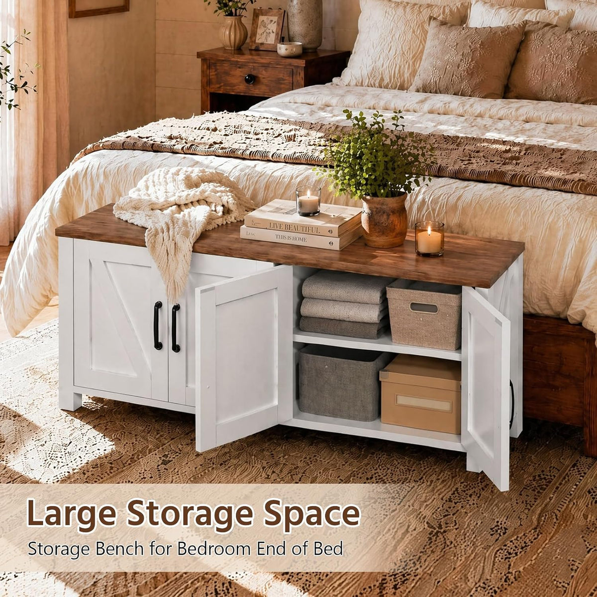 47.3" Shoe Storage Bench, Farmhouse Entryway Bench with 4 Doors & Adjustable Shelves, 2-Tier Shoe Bench for Entryway, Hallyway, Bedroom and Living Room