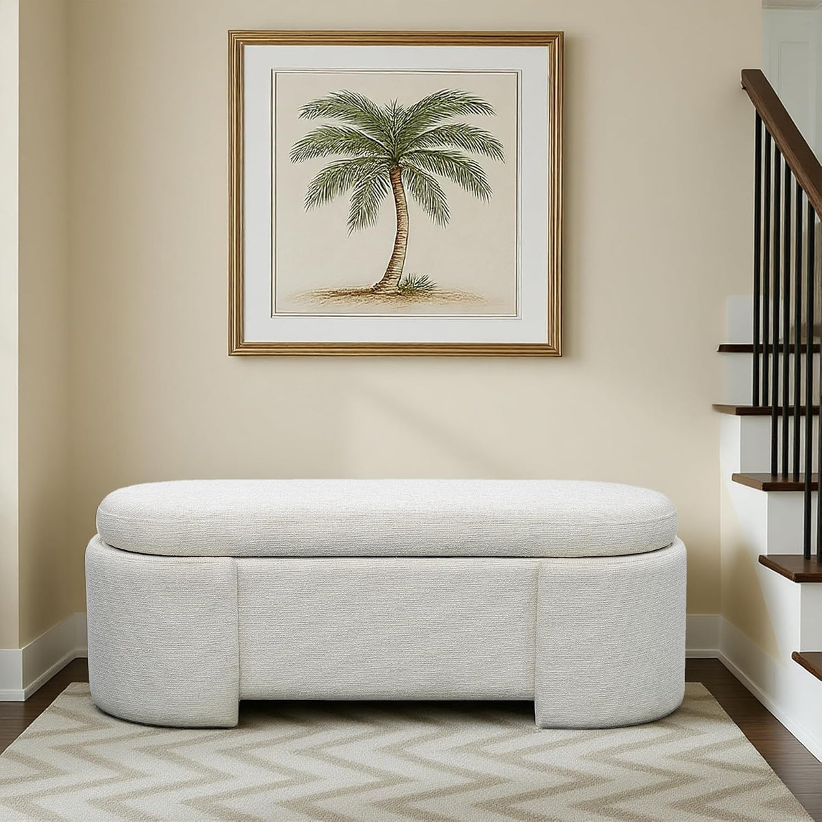 Martha Stewart Leslie Upholstered Storage Bench with Soft-Close Lid, Hidden Ventilated Storage, 48” Oval Entryway Ottoman Bench, No Assembly Required, Lily Pond Collection, Supports 400 lbs – Cream