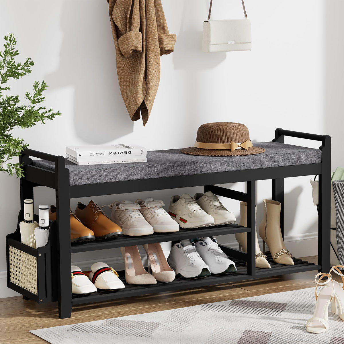Homaxy 2-Tier Shoe Rack Bench, 28.2 in, Walnut and Light Brown