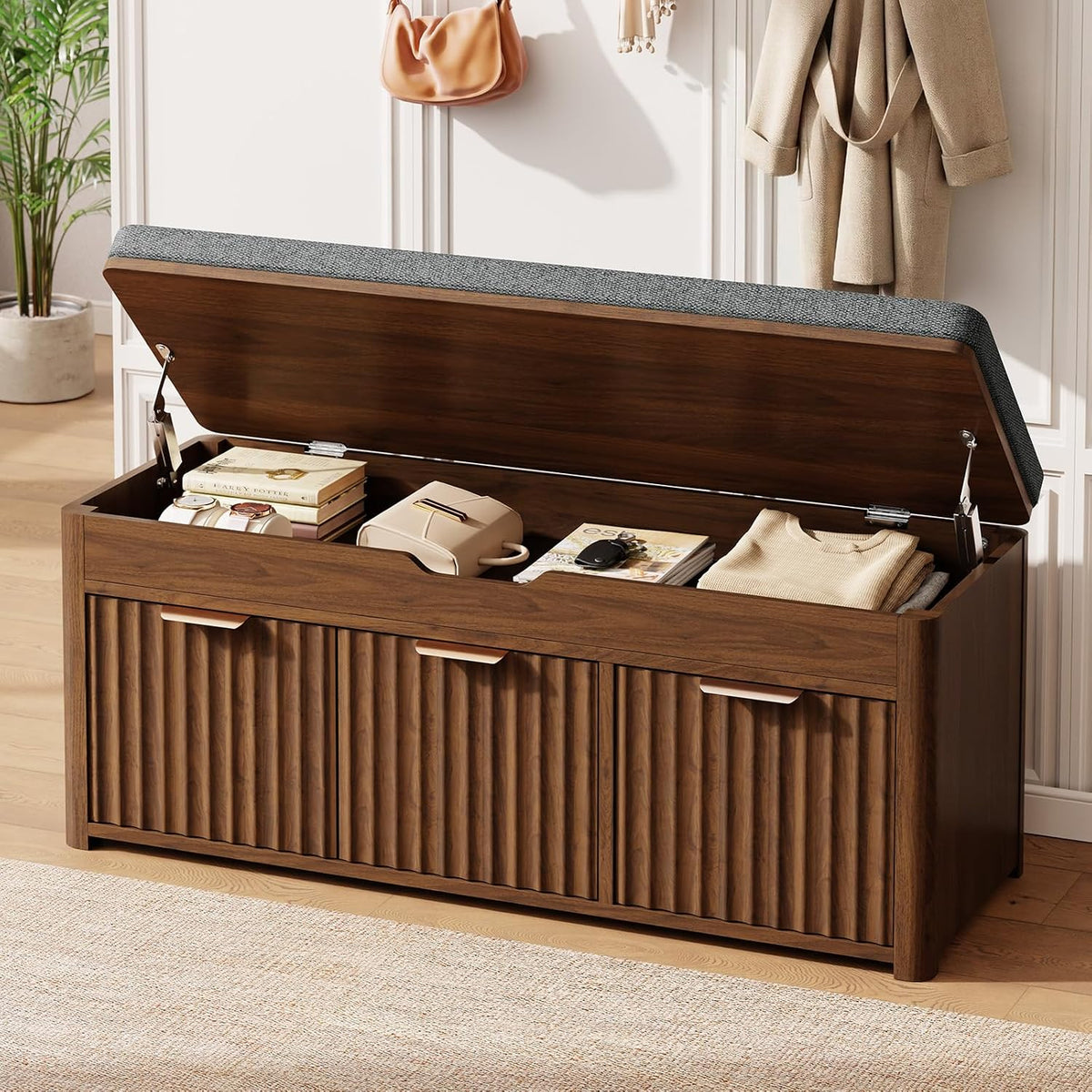37.4" W Shoe Bench with Storage, Lift Top Entryway Bench, Walnut