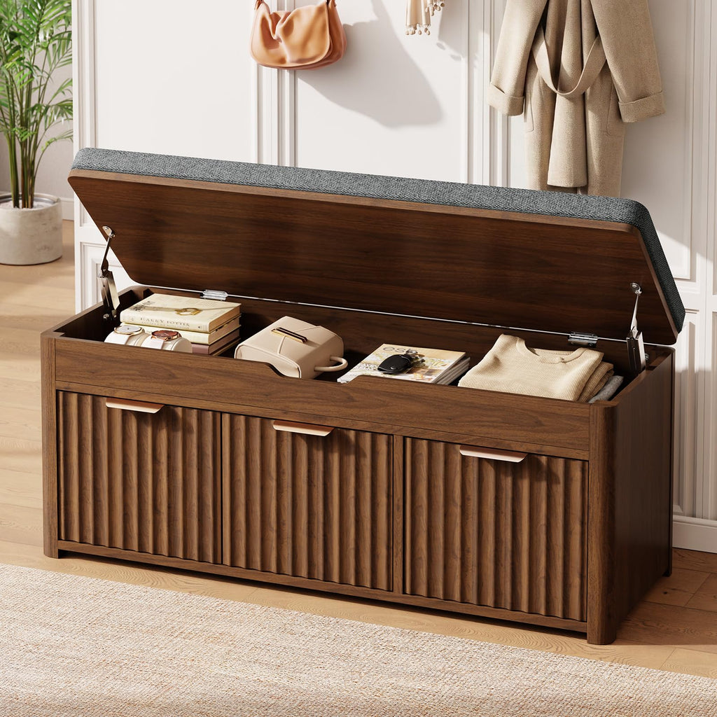 37.4" W Shoe Bench with Storage, Lift Top Entryway Bench, Walnut