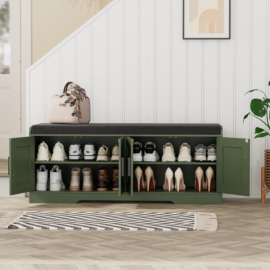 Homleke Shoe Storage Bench, 4 Doors & Thickened Padded Seat Cushion