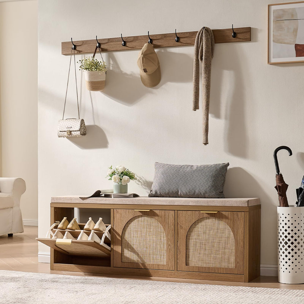 Rattan Narrow Entryway Bench with Shoe Storage, 2 Flip Drawers & Coat Rack, Mid-Century Modern Wood Shoe Cabinet with Seat Cushion for Foyer/Hallway (Rustic Oak Rattan)