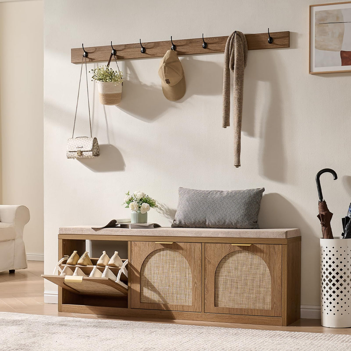 Rattan Narrow Entryway Bench with Shoe Storage, 2 Flip Drawers & Coat Rack, Mid-Century Modern Wood Shoe Cabinet with Seat Cushion for Foyer/Hallway (Rustic Oak Rattan)