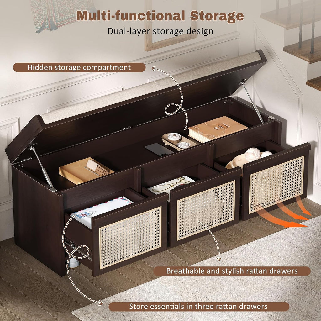48" Entryway Storage Bench with 3 Rattan Drawers，Espresso