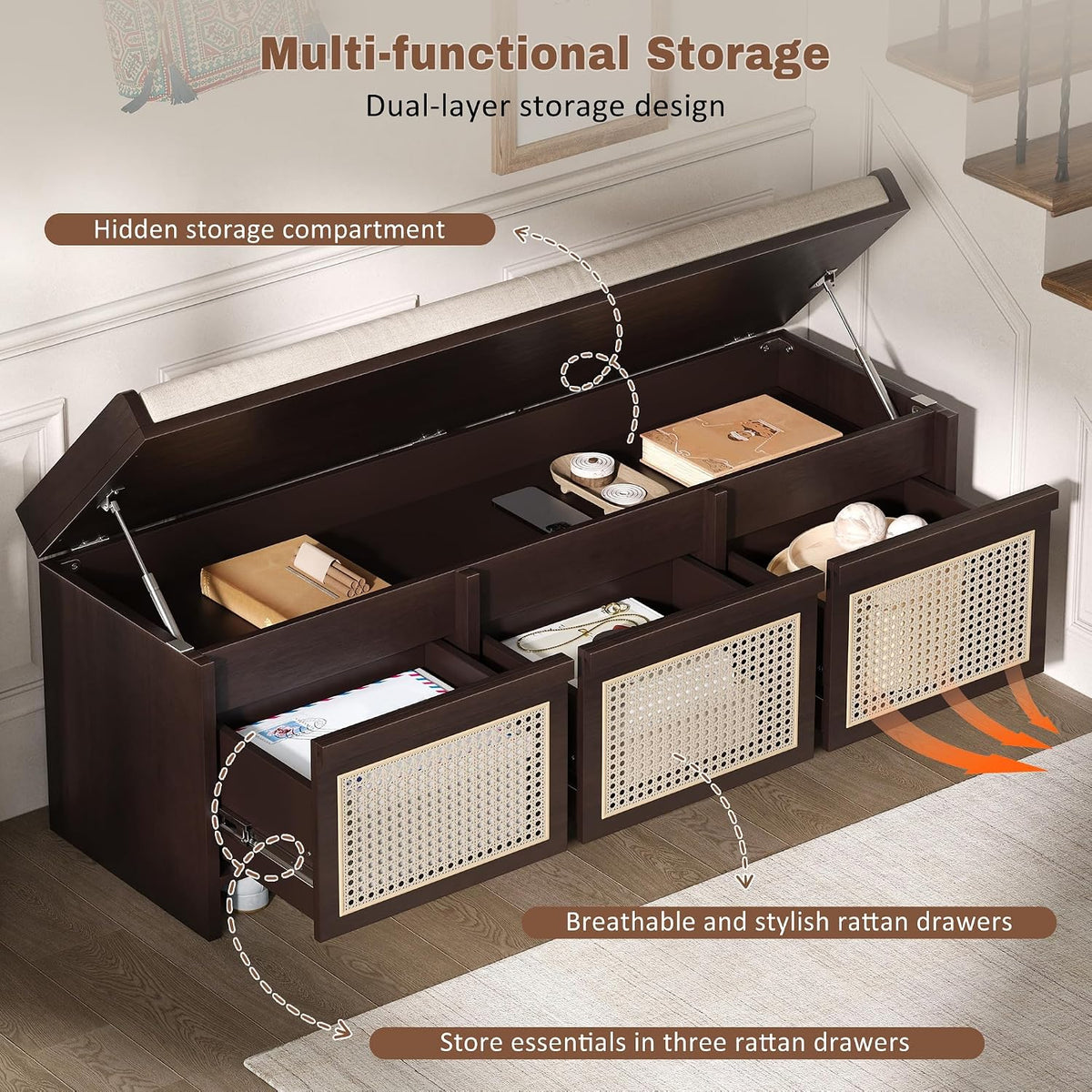48" Entryway Storage Bench with 3 Rattan Drawers，Espresso