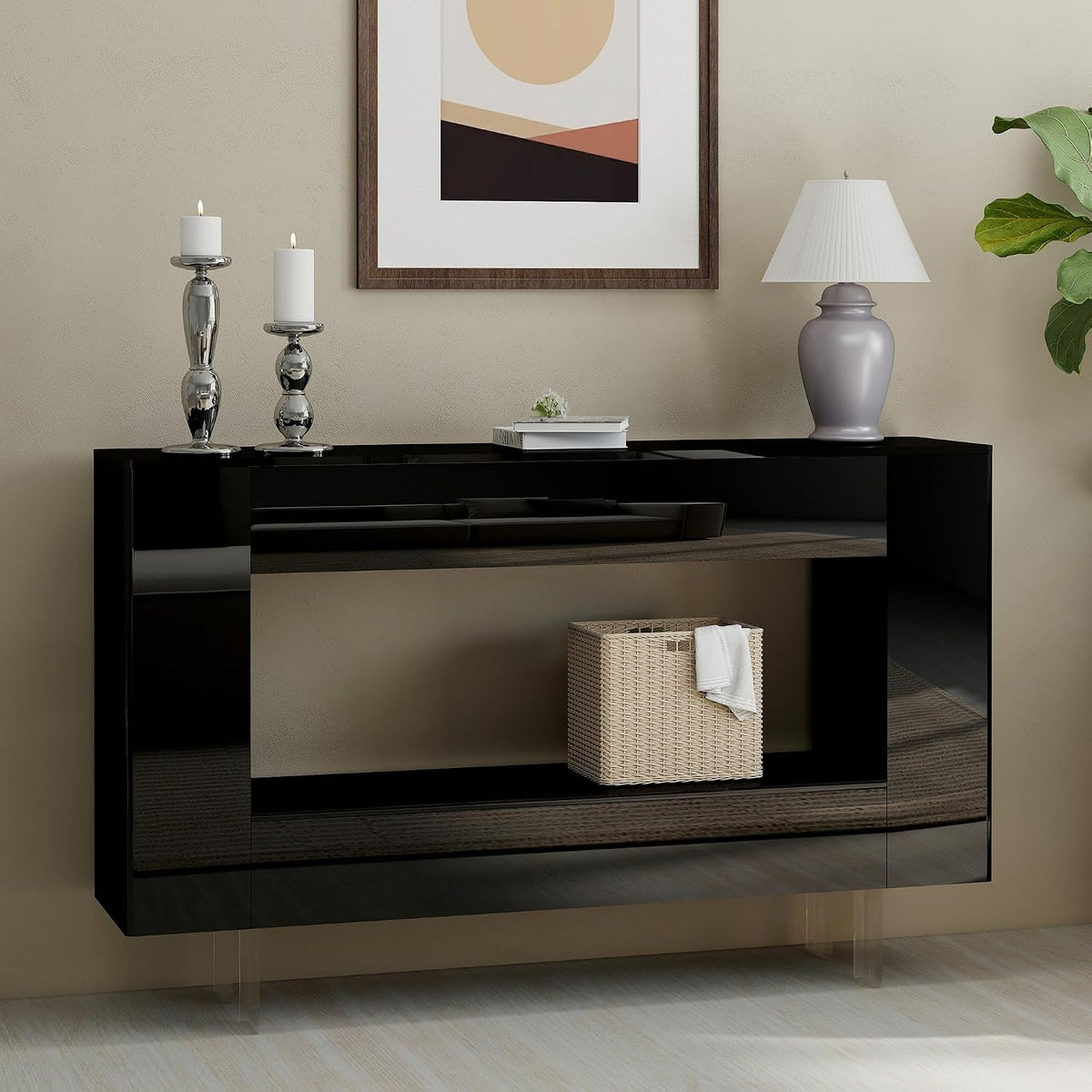 47" High Gloss Console Table with Hidden Side Storage, Black