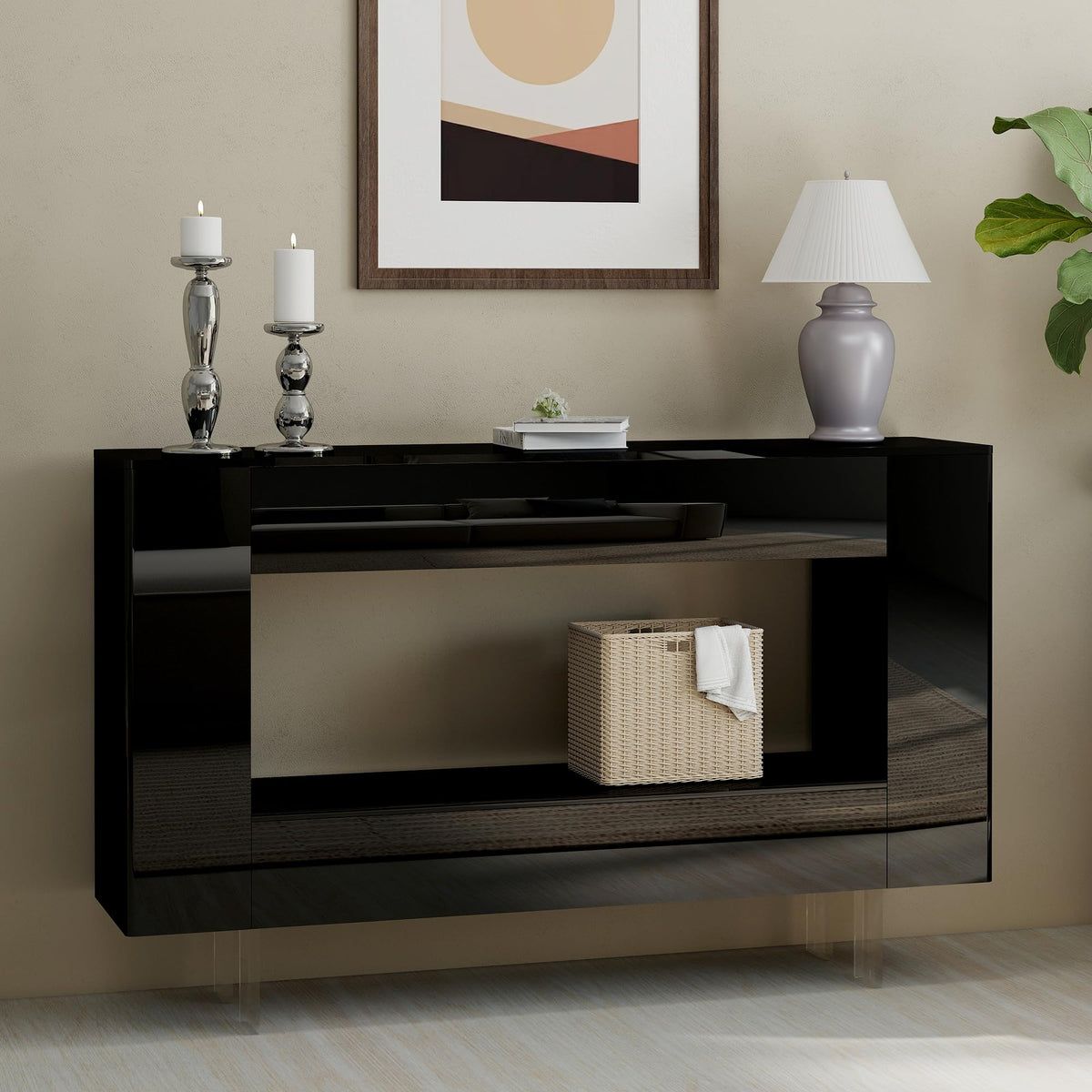47" High Gloss Console Table with Hidden Side Storage, Black