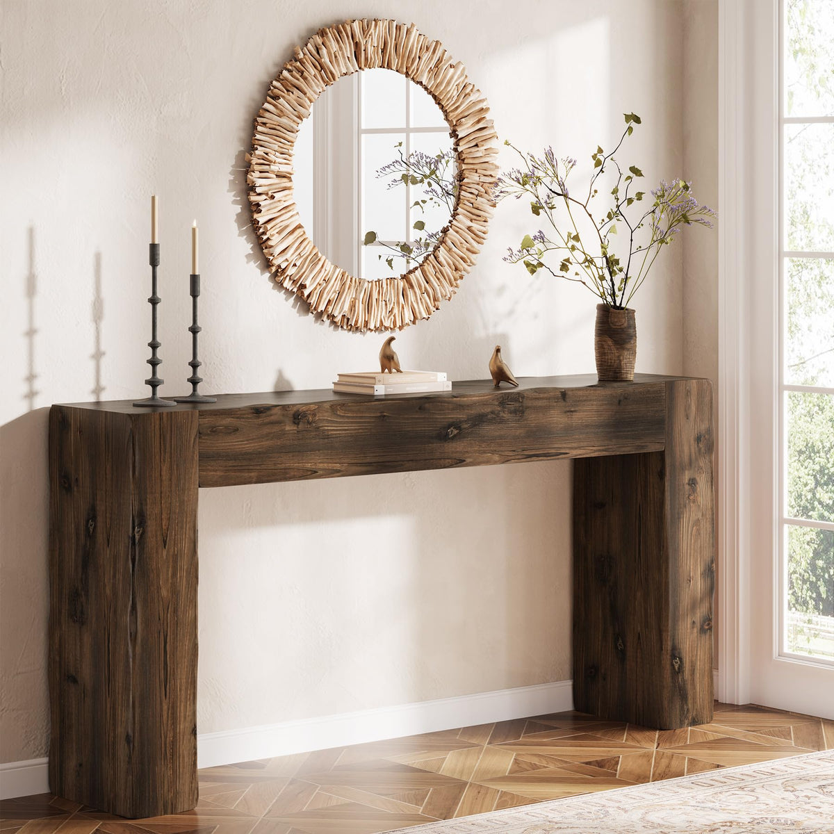 Solid Wood Console Table, 63-Inch Farmhouse Sofa Table Behind Couch for Entryway, Living Room, Foyer, Easy Assembly (Rustic Brown)