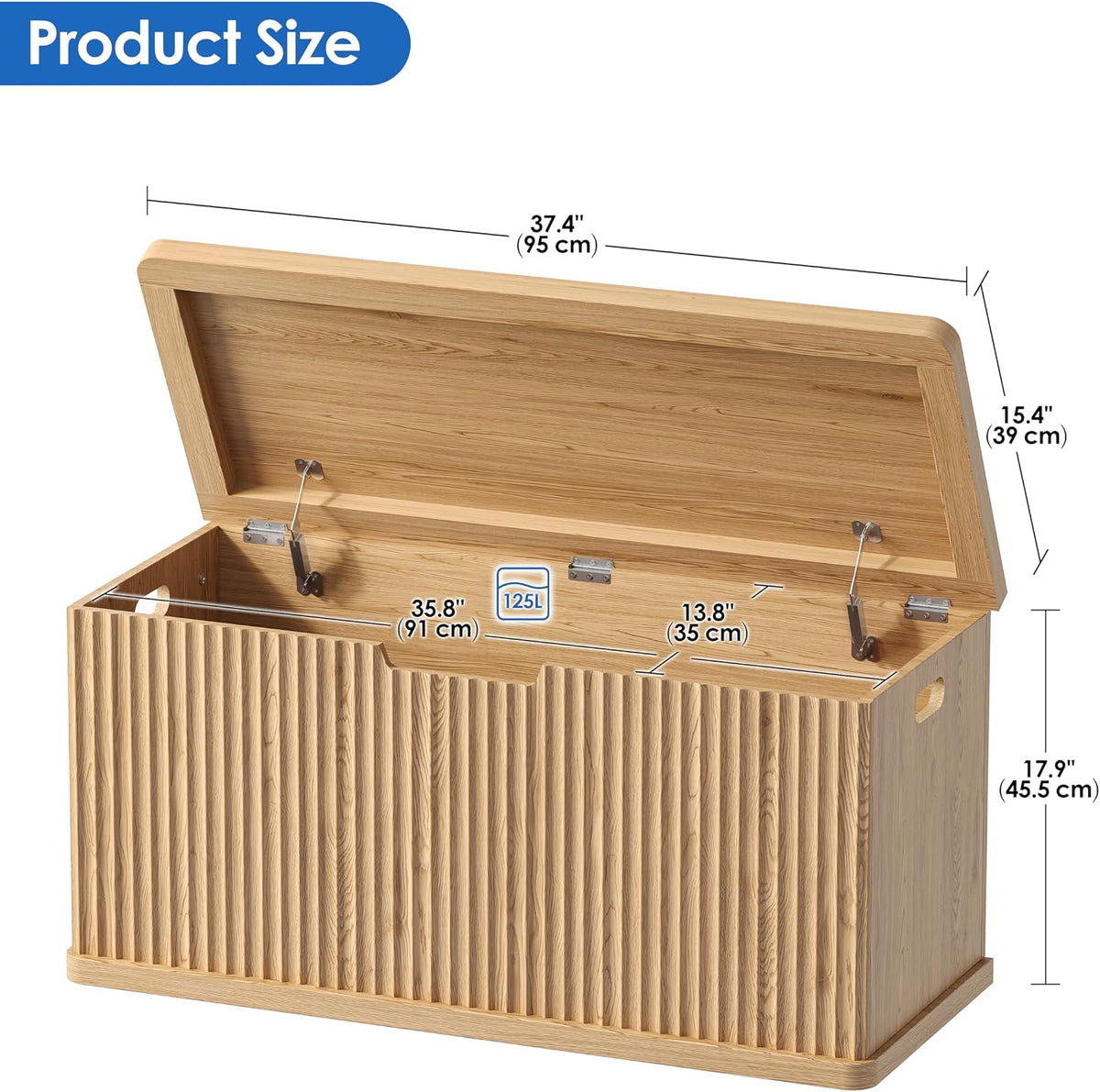 Akxomel 37.4" Fluted Storage Chest Wooden Storage Trunk 2 Safety Hinges Oak