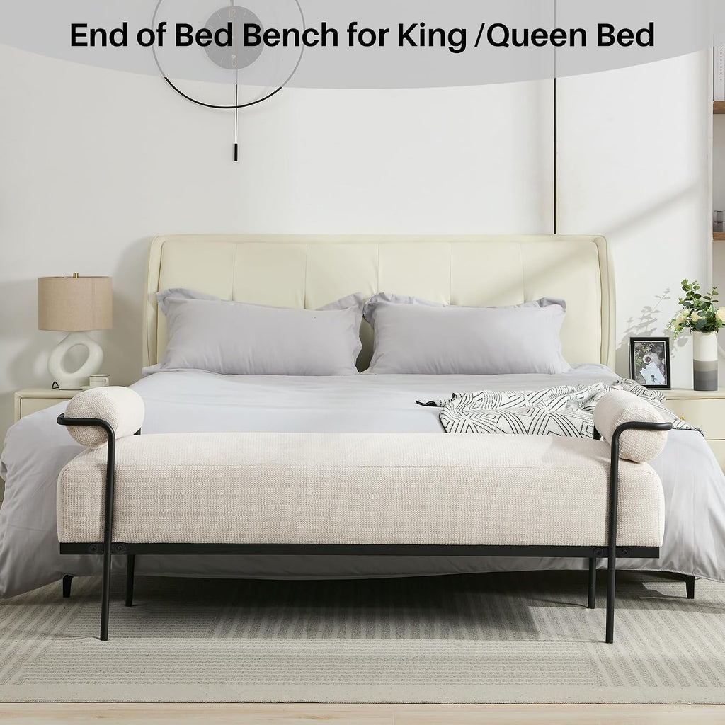 SOFTHION 61.2" End of Bed Bench, Chenille Upholstered Entryway Bench, Beige