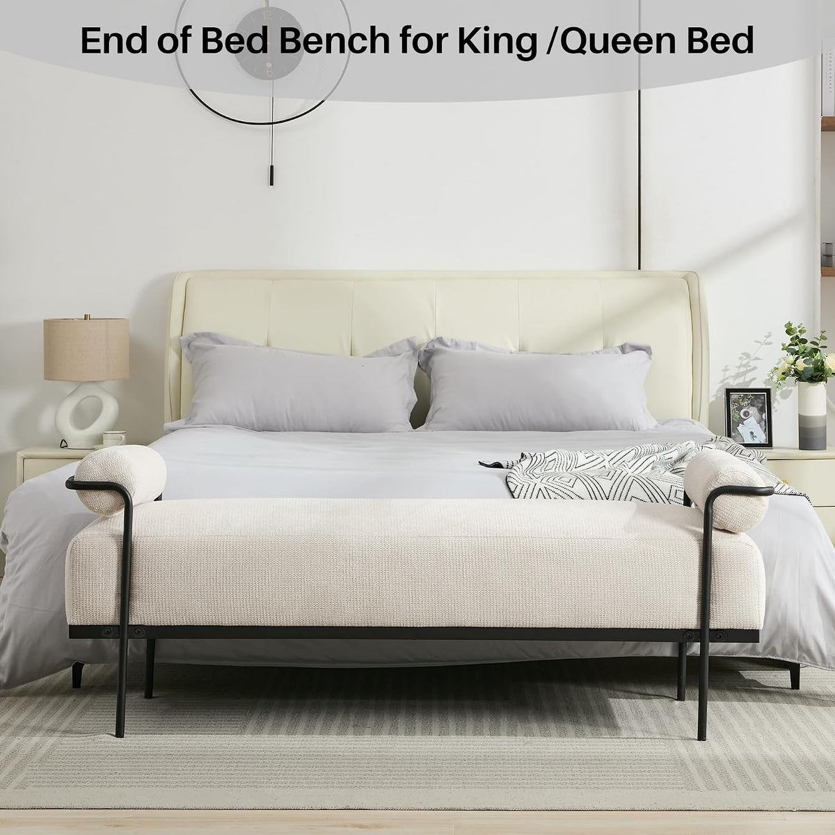 SOFTHION 61.2" End of Bed Bench, Chenille Upholstered Entryway Bench, Beige