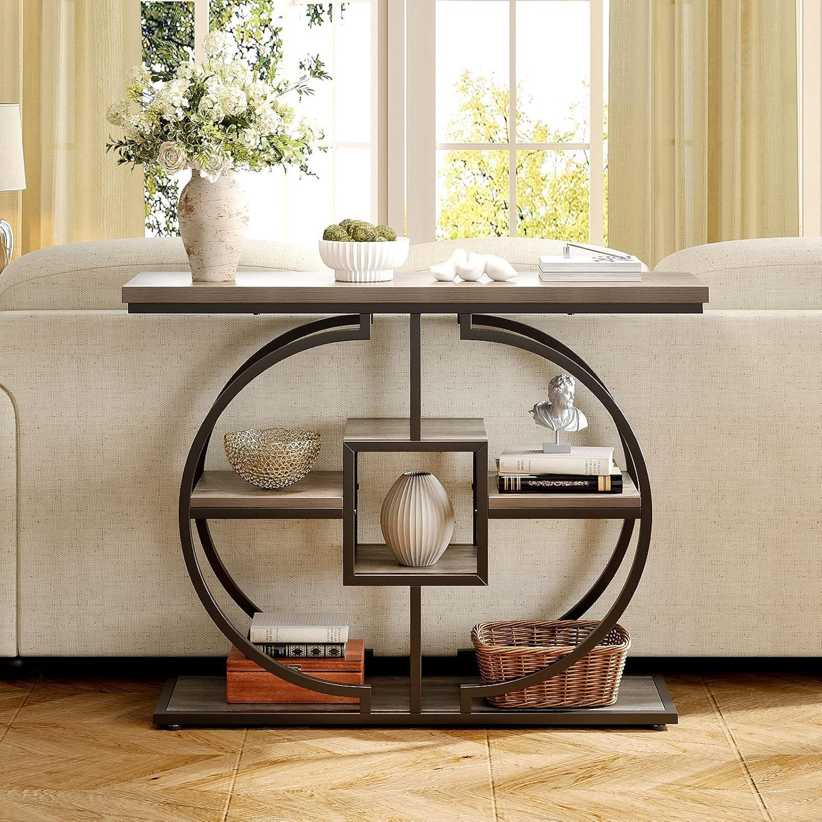 GiftGo Narrow Console Table for Entryway Industrial 4-Tier Sofa Table Behind Couch with Circle Base Rustic Wooden Accent Tables with Storage Shelves for Living Room, Hallway, Foyer (Grey)