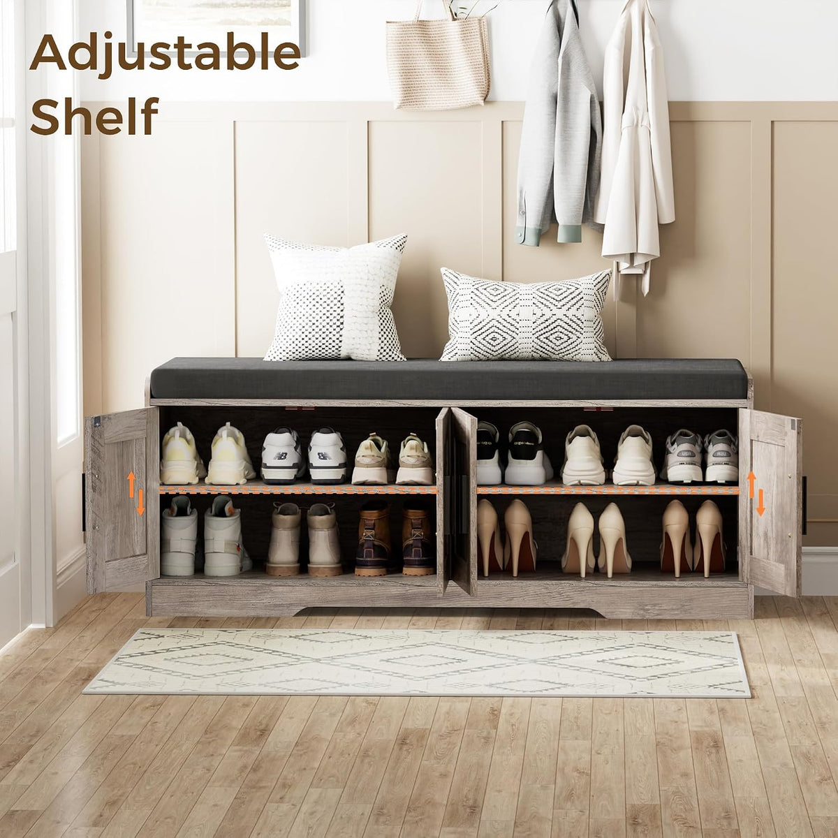 Homleke Shoe Storage Bench, 4 Doors & Thickened Padded Seat Cushion