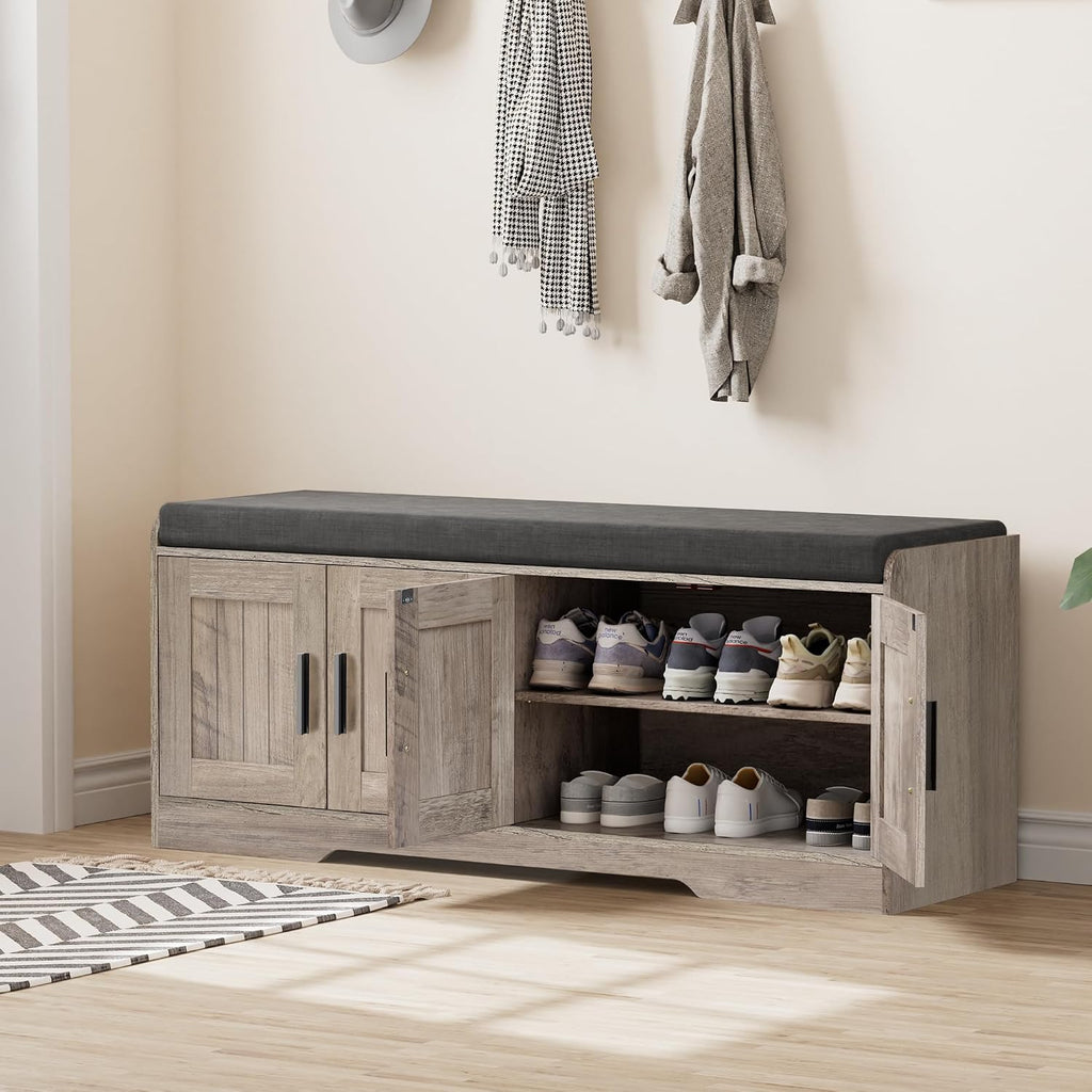 Homleke Shoe Storage Bench, 4 Doors & Thickened Padded Seat Cushion