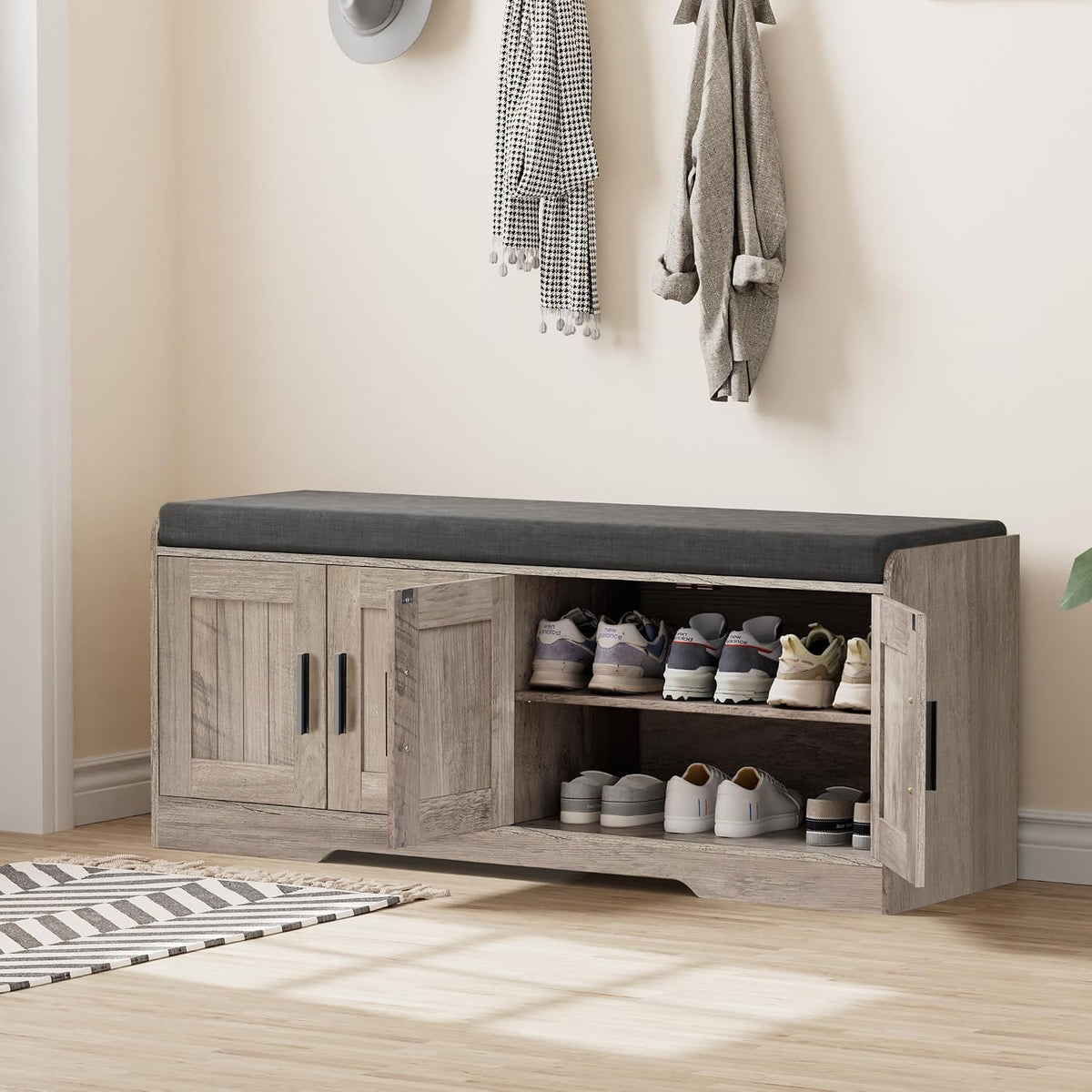 Homleke Shoe Storage Bench, 4 Doors & Thickened Padded Seat Cushion