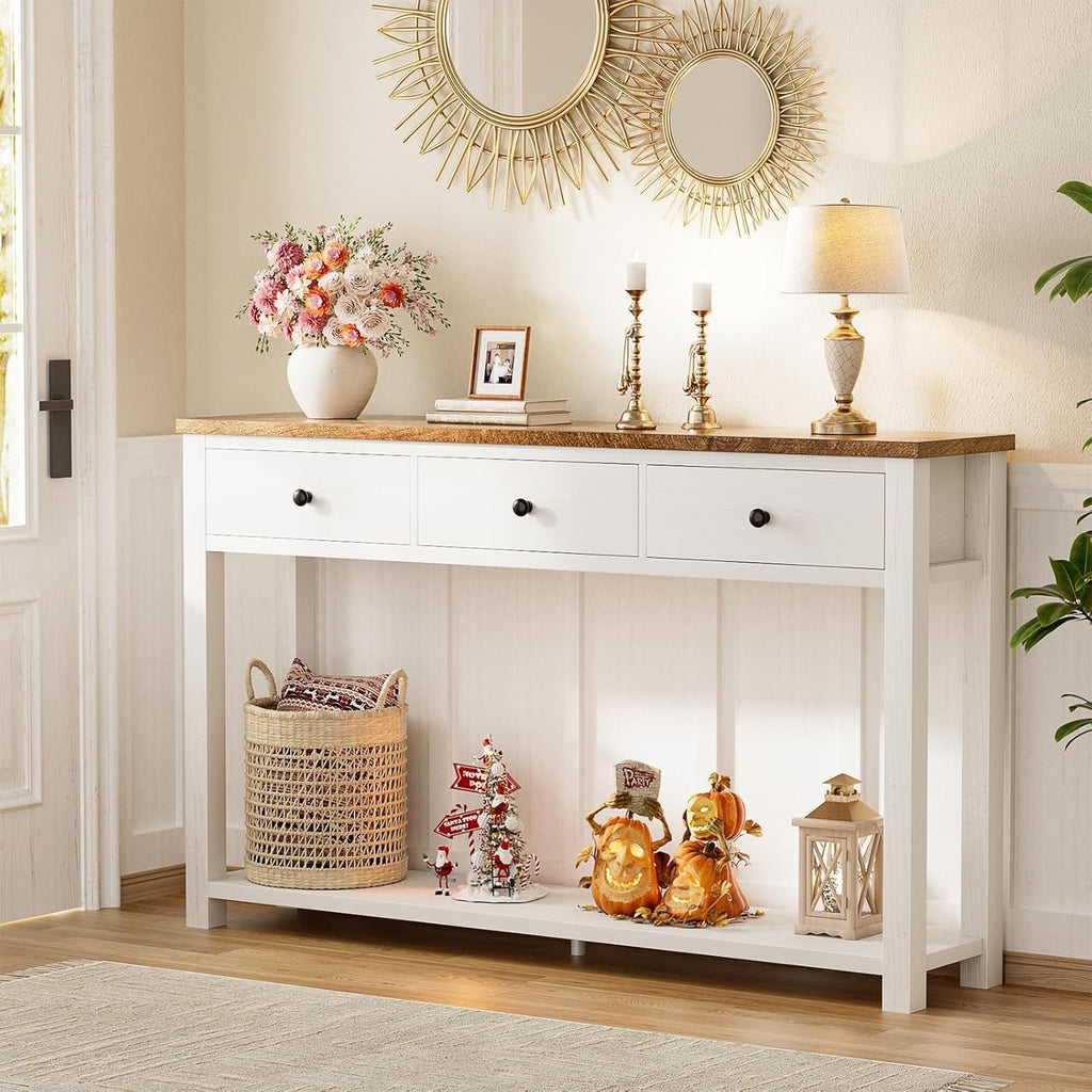 Homieasy Farmhouse Console Table with 3 Drawers, 47 Inch Wood Sofa Table with Storage Shelf for Living Room, Behind Couch, Entryway Table for Hallway, Living Room, or Foyer, Brown and Antique White