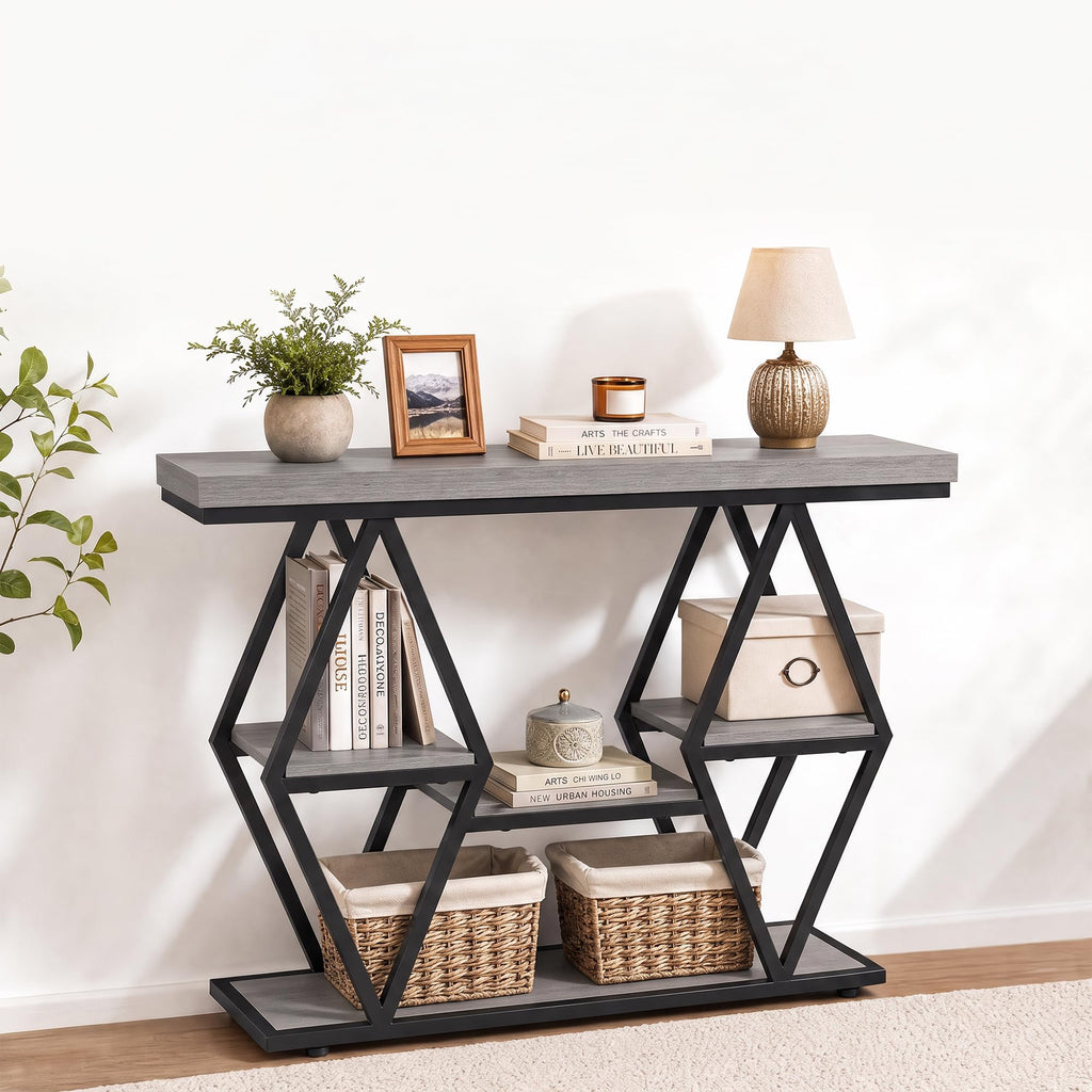 Garvee Console Sofa Table 53 in, Entryway Table with 3 Drawers, 3 Tier Metal Sofa Table, Open Shelf Behind Couch Table for Hallway, Living Room, Roman Column Design, Rustic Brown